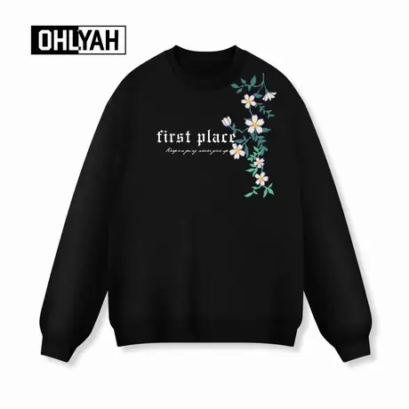 Ohlyah品牌情侣花卉印花美式潮牌卫衣男女款宽松套头纯棉落肩圆领商品大图