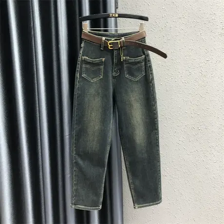 欧货个性设计感牛仔老爹裤女2023秋季新款做旧高腰显瘦小脚哈伦裤商品大图