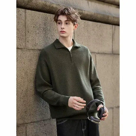 唐狮新款男毛衣半开襟毛线衫男士半开胸小格纹肌理翻领潮流TUTA图片