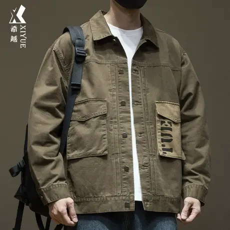 精梳棉牛仔外套男夹克美式复古秋季新款工装休闲宽松大码春秋衬衫图片