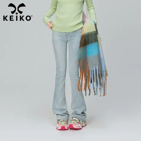 KEIKO 浅蓝色微喇牛仔裤女2023秋冬弹力修身显瘦马蹄拖地喇叭裤子图片