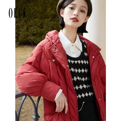 Oece红色羽绒服2022冬新款女连帽宽松羽绒衣短款外套图片