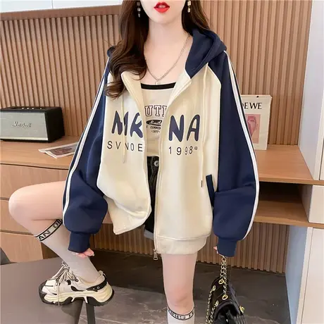 拼色插肩袖卫衣外套女2023新款秋冬季韩版宽松加绒加厚棒球服开衫图片