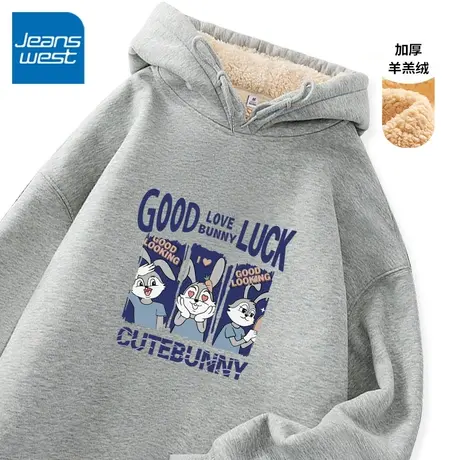 ZR真维斯卫衣女2023新款冬季加绒加厚羊羔绒复古灰色连帽上衣外套图片