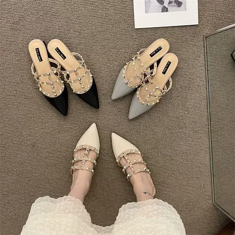 法式小众仙女风粗跟凉拖鞋女外穿2023年春夏新款包头铆钉低跟凉鞋商品大图