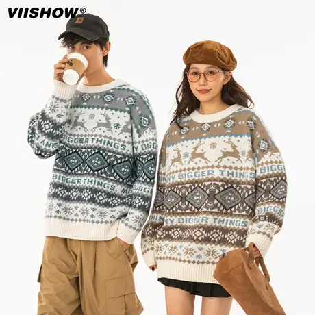VIISHOW麋鹿圆领毛衣男生秋冬季潮牌文艺宽松加厚针织衫上衣男款商品大图