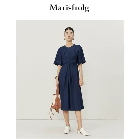 【环保醋酸面料】玛丝菲尔夏季新款设计感法式收腰深蓝色连衣裙图片