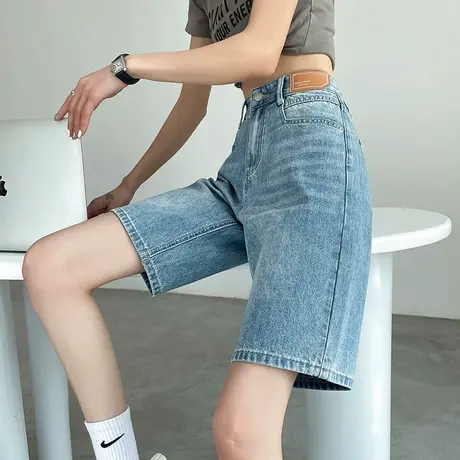 牛仔五分裤女夏季薄款2024直筒高腰显瘦小个子宽松阔腿5分中裤潮商品大图
