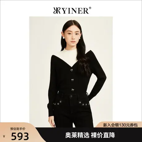 YINER音儿女装2022冬新款黑白撞色设计感针织衫商品大图