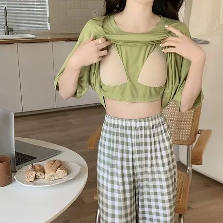 睡衣女款夏季带胸垫莫代尔短袖长裤套装夏天防凸点家居服2023新款商品大图