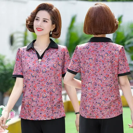 中老年女翻领t恤短袖衫 2021新款夏装中年小个子妈妈碎花衬衫上衣商品大图