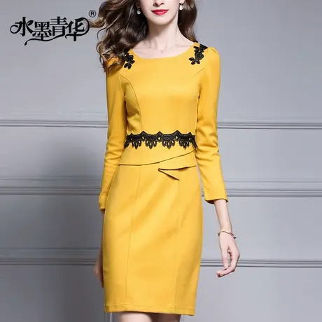 【1件7.9折】冬装新品时尚简约修身一步裙优雅收腰连衣裙图片