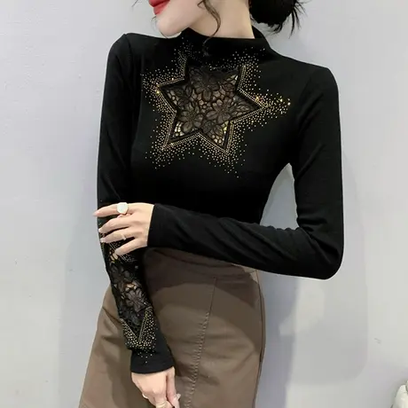 加绒半高领打底衫女秋冬洋气性感镂空上衣烫钻蕾丝拼接T恤长袖潮图片