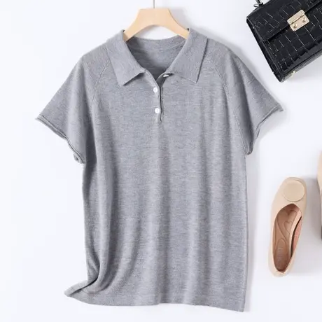 2023夏季韩版宽松女polo衫t恤上衣短袖宽松休闲纯色运动针织毛衣图片