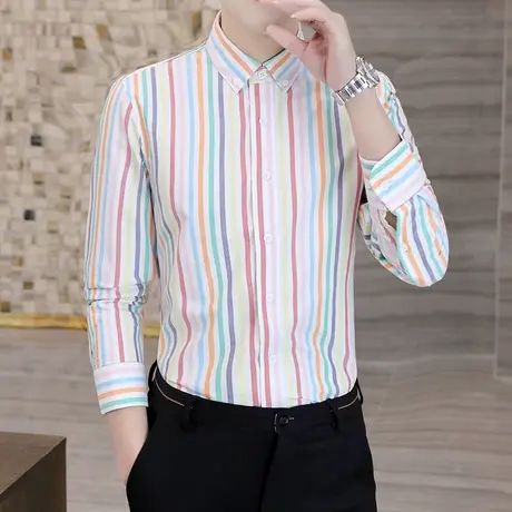 彩色竖条纹衬衫男长袖春秋季韩版修身衬衣牛津纺纯棉帅气休闲上衣商品大图
