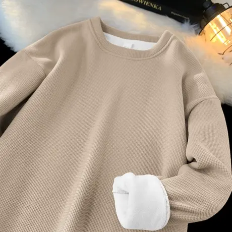 重磅华夫格卫衣男秋冬款潮流无帽纯色上衣服加绒加厚圆领长袖t恤图片