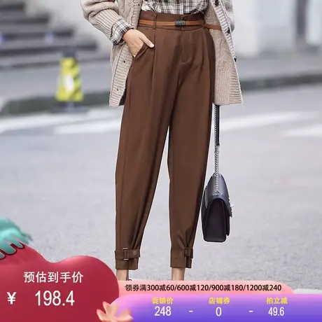 毛呢哈伦裤2023春季新款高腰配腰带小个子萝卜裤时尚百搭西装裤女图片