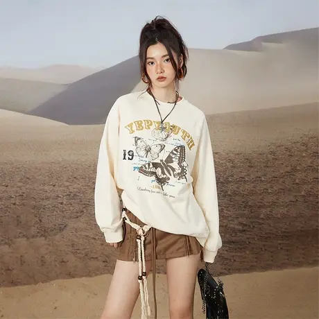 YEP复古蝴蝶印花卫衣女设计感原创小众潮insoversize宽松圆领上衣商品大图