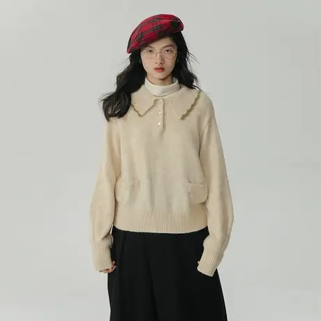 omont蛋挞家 polo花瓣领毛衣女秋冬新款宽松软糯内搭羊毛针织上衣商品大图