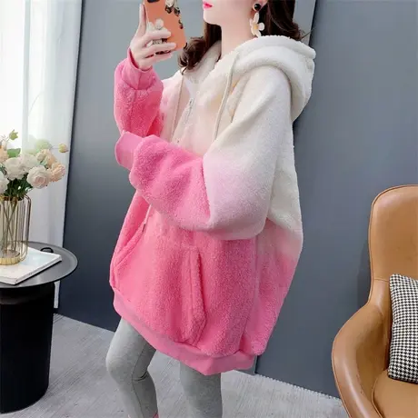 渐变色羊羔毛连帽卫衣外套女秋冬新款宽松慵懒减龄中长款加厚上衣图片