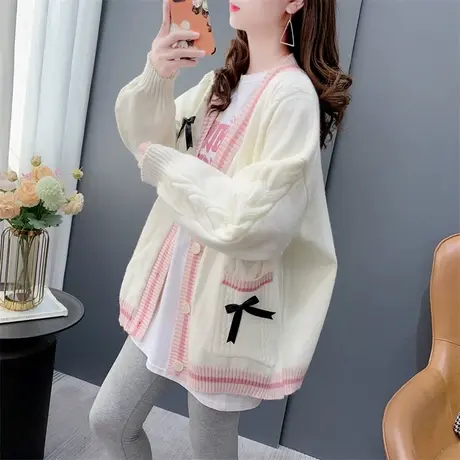 日系甜美蝴蝶结毛衣外套女秋冬2023年新款宽松减龄设计感针织开衫商品大图