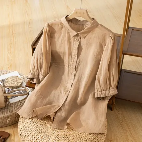 享永子七分袖苎麻衬衫女夏文艺复古棉麻小衫宽松显瘦气质2023新款商品大图