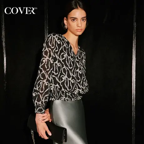 COVER秋季V领腰节打揽印花短款衬衫图片