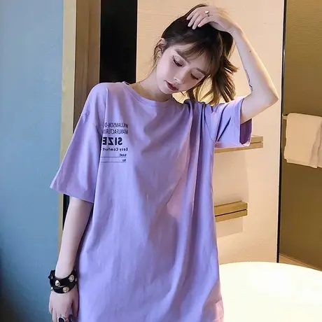 美式字母印花短袖香芋紫T恤女夏季宽松纯棉中长款设计感小众上衣商品大图