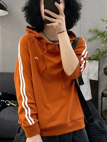 2023春季新款韩版拼接连帽薄款长袖卫衣女宽松百搭套头长袖上衣潮商品大图