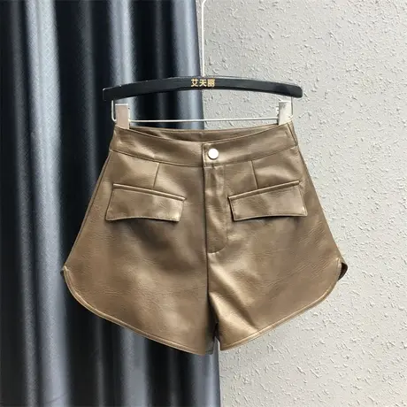 2023秋季新款假口袋设计感休闲百搭a字阔腿裤女打底外穿皮短裤潮图片