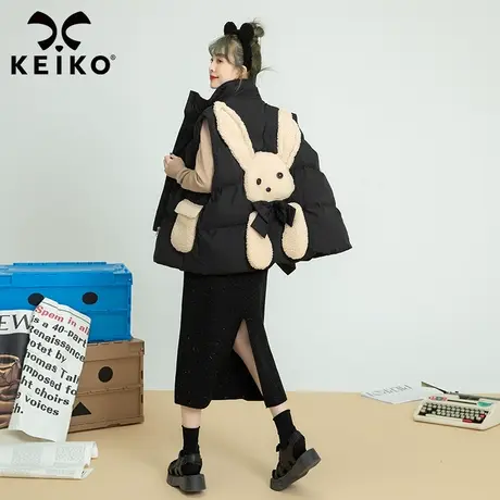 可爱贴布萌兔饰棉服马甲2023秋冬新款甜酷黑色高领小棉袄外套背心商品大图