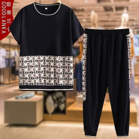 大码中年妈妈夏装运动服套装女撞色短袖上衣中老年休闲洋气两件套商品大图