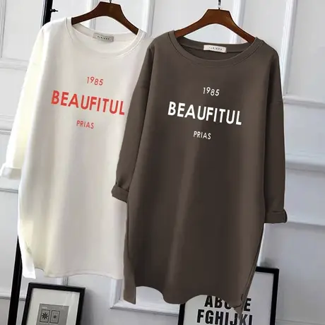 纯棉磨毛t恤女中长款韩版宽松内搭2022秋冬休闲时尚百搭长袖上衣商品大图