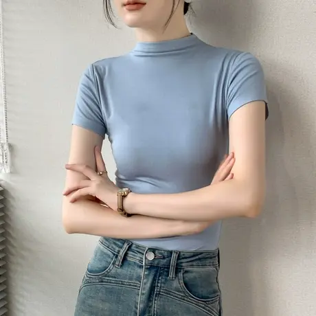 半高领短袖打底衫女秋季正肩莫代尔纯色修身显瘦衬衫内搭T恤上衣图片