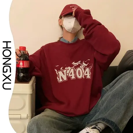 红续秋冬季节加厚加绒酒红色圆领卫衣美式复古印花上衣显白百搭潮图片