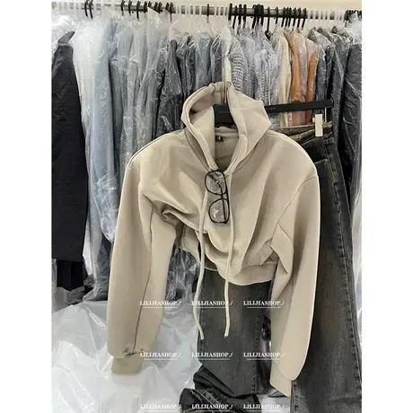 韩国东大门2023秋季新款时髦休闲连帽纯色百搭短款垫肩长袖卫衣女商品大图