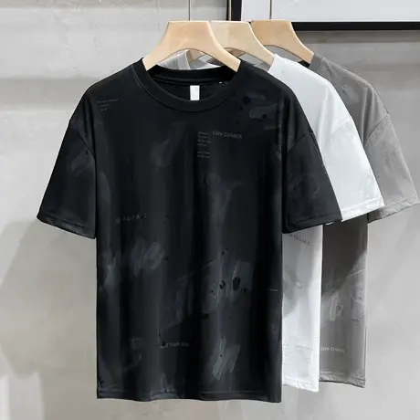 2023夏季短袖T恤男潮流帅气破洞扎染印花棉质半袖百搭时尚上衣服商品大图