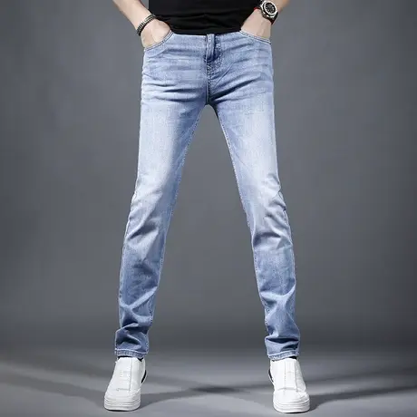男士牛仔裤2023年新款春季薄款浅蓝色韩版修身小脚弹力牛仔长裤男商品大图
