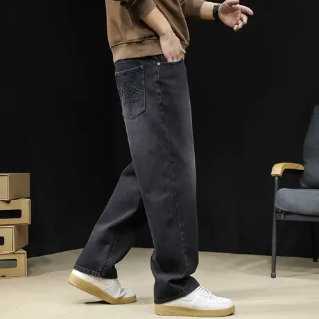 春秋牛仔裤男2024新款宽松直筒潮牌大码黑色男款裤子阔腿男裤春季图片