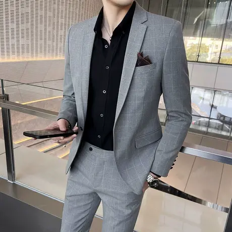 西服套装男士韩版修身商务休闲免烫高级感新郎结婚礼服西装两件套图片