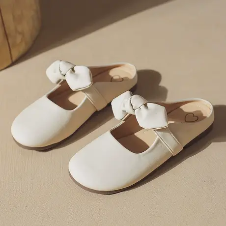 圆头可爱包头半拖鞋女外穿2023春夏新款韩版一脚蹬蝴蝶结平底单鞋商品大图