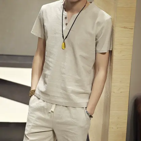 夏季棉麻套装男亚麻短袖t恤潮流休闲半袖唐装汉服中国风男装衣服v商品大图