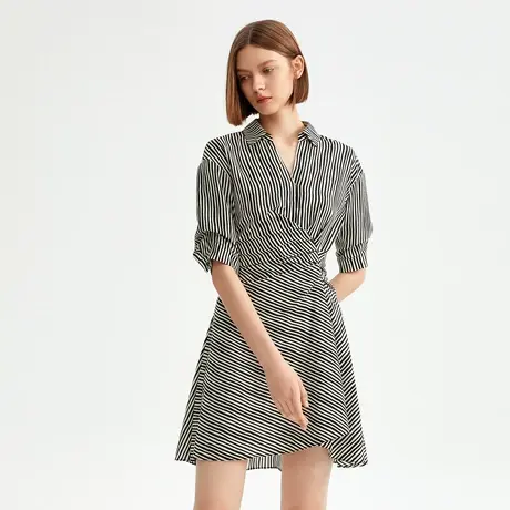 朗姿2023年夏季新款polo领条纹褶皱设计感女式连衣裙奥莱商品大图