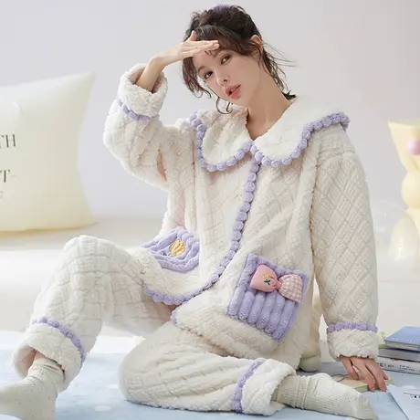 秋鹿珊瑚绒睡衣女秋冬甜美睡衣加厚女士睡衣舒适保暖2023新款商品大图