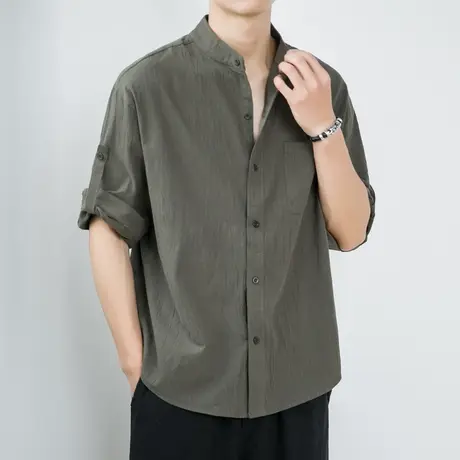 棉麻衬衫男短袖夏季ins潮牌日系复古七分袖立领宽松休闲衬衣半袖商品大图