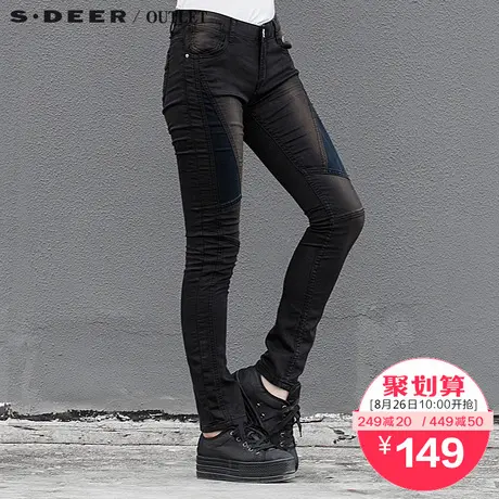 sdeer圣迪奥女装2017秋装磨白复古拼接修身牛仔长裤S15180844商品大图