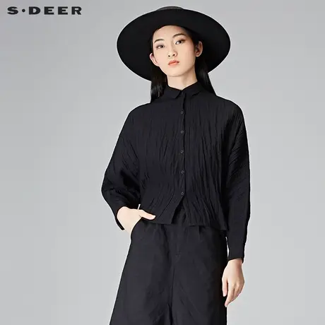 sdeer圣迪奥2019春装复古抓皱肌理翻领蝙蝠袖宽松衬衫女S18180515图片
