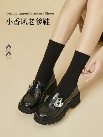 达芙妮女鞋2022年新款春季厚底小皮鞋气质公主增高方跟圆头小皮鞋图片