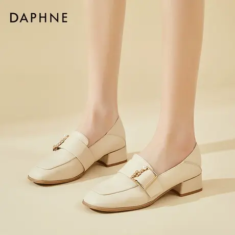 达芙妮粗跟单鞋女真皮2022年新款英伦风小皮鞋法式白色乐福鞋女商品大图