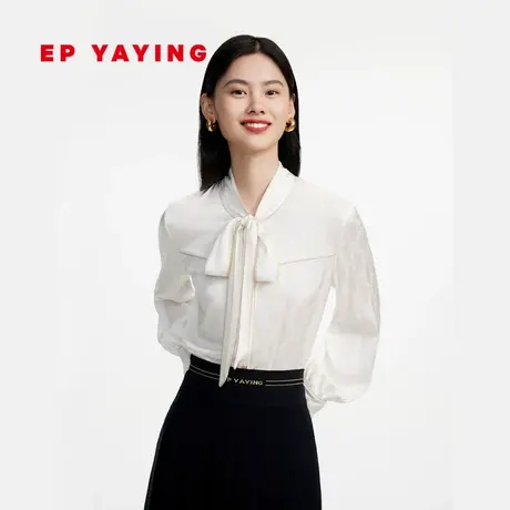 [真丝系列]EP雅莹女装 通勤白色系带暗纹提花衬衫 2023新款2206A商品大图